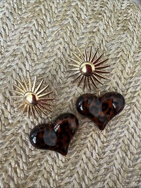 Gold Sunburst Earrings with Tortoiseshell Heart Drops